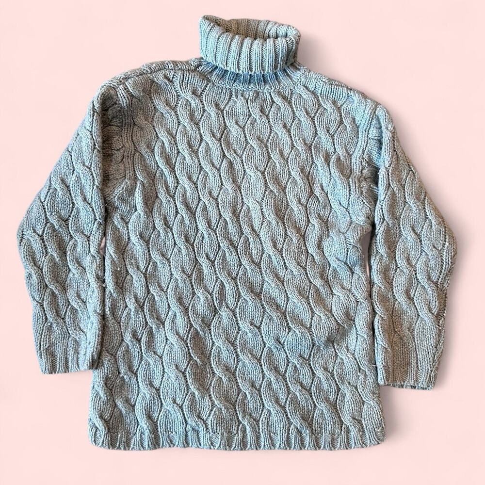 LL Bean Fisherman Womens S Light blue Cable Knit Wool Turtleneck Sweater, VTG